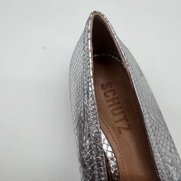 Schutz Romina Snake Reptile Embossed Leather Loafers Silver - Picture 7 of 9